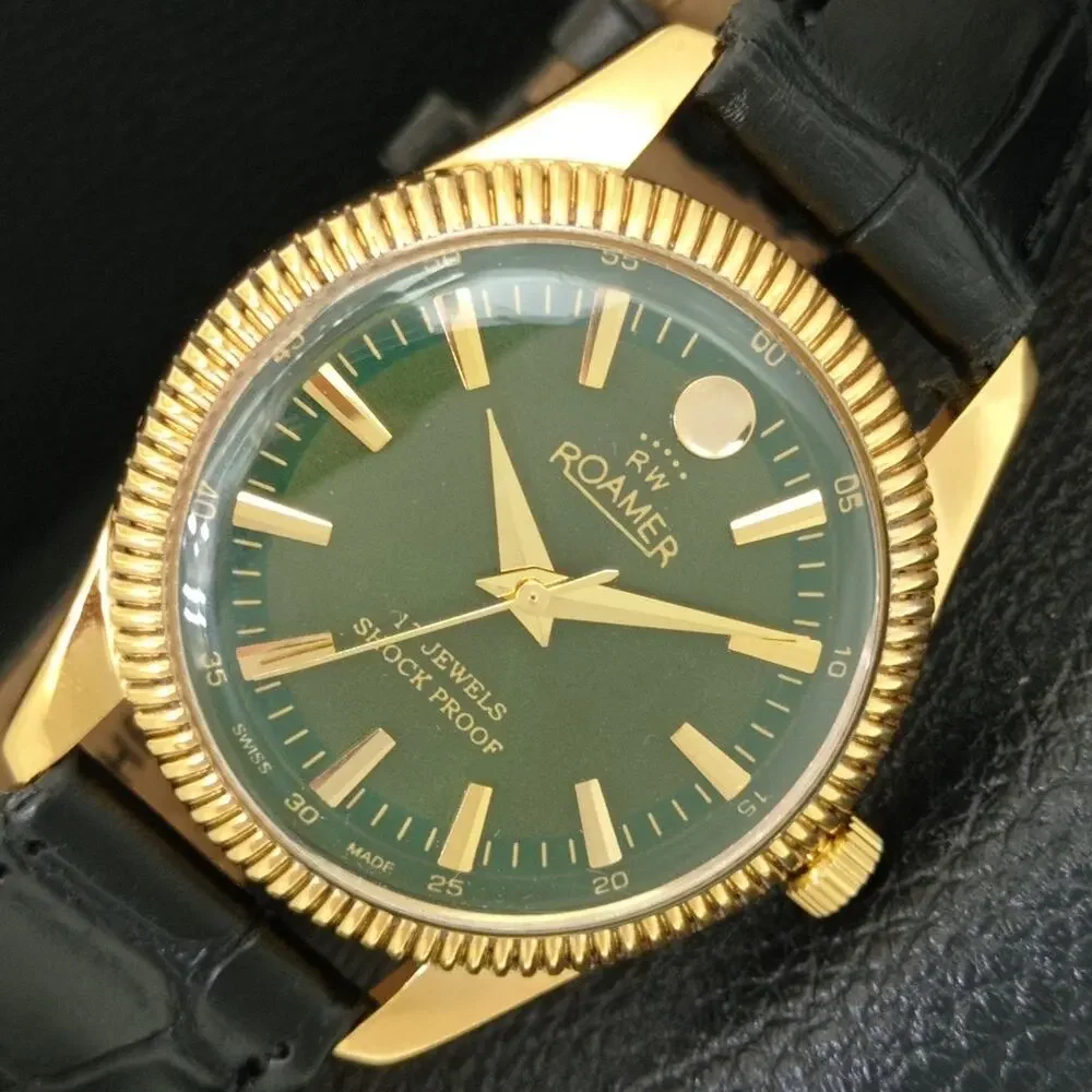 Vintage 1978 Roamer Manual Mens Gold Watch W/Leather Strap & Green accents